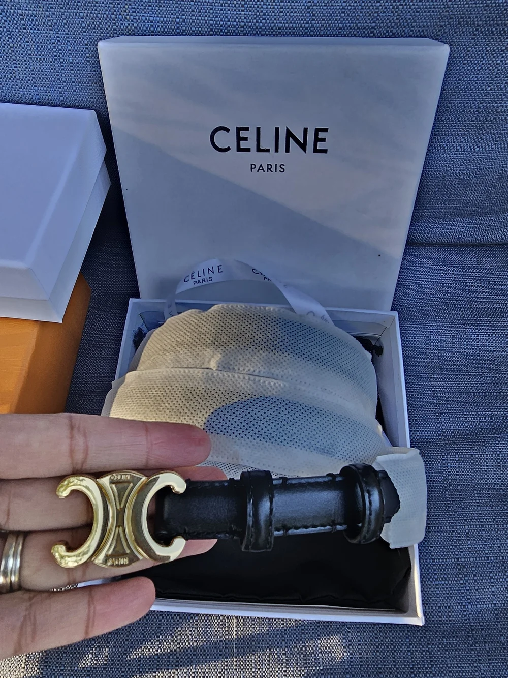 CELINE  Triomphe Black Leather Belt with Gold Buckle Size 95cm